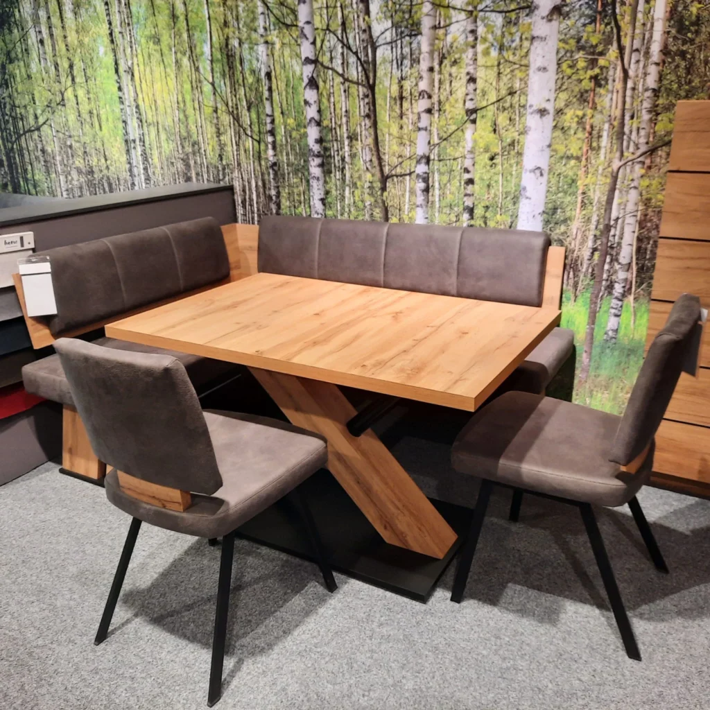 Moderne Eckbank-Gruppe „Duo“ in Appalachian Oak Dekor, mit Grauem Bezug und schwarzen Gestellen